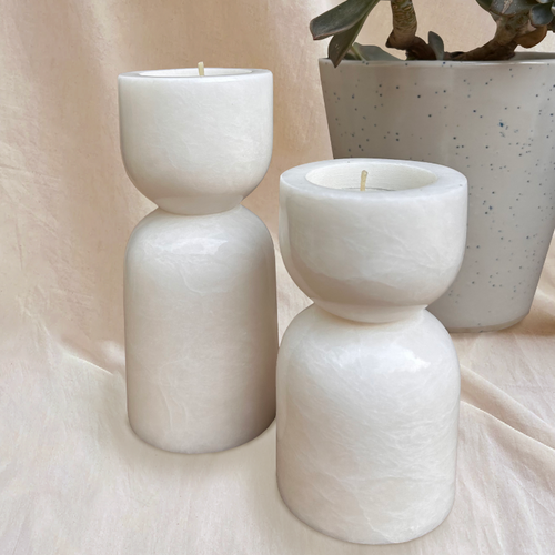 Set of Two Premium Quality White Alabaster Candle Holders