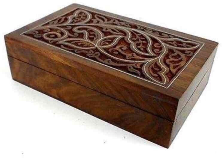 Handcrafted Sheesham Wood Jewelry Box | Antique Carved Wooden Keepsake Box with Brass Inlay | Vintage Storage Organizer