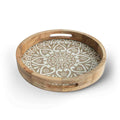 Round Wooden Serving Tray with White Mandala Print | Boho Decorative Platter