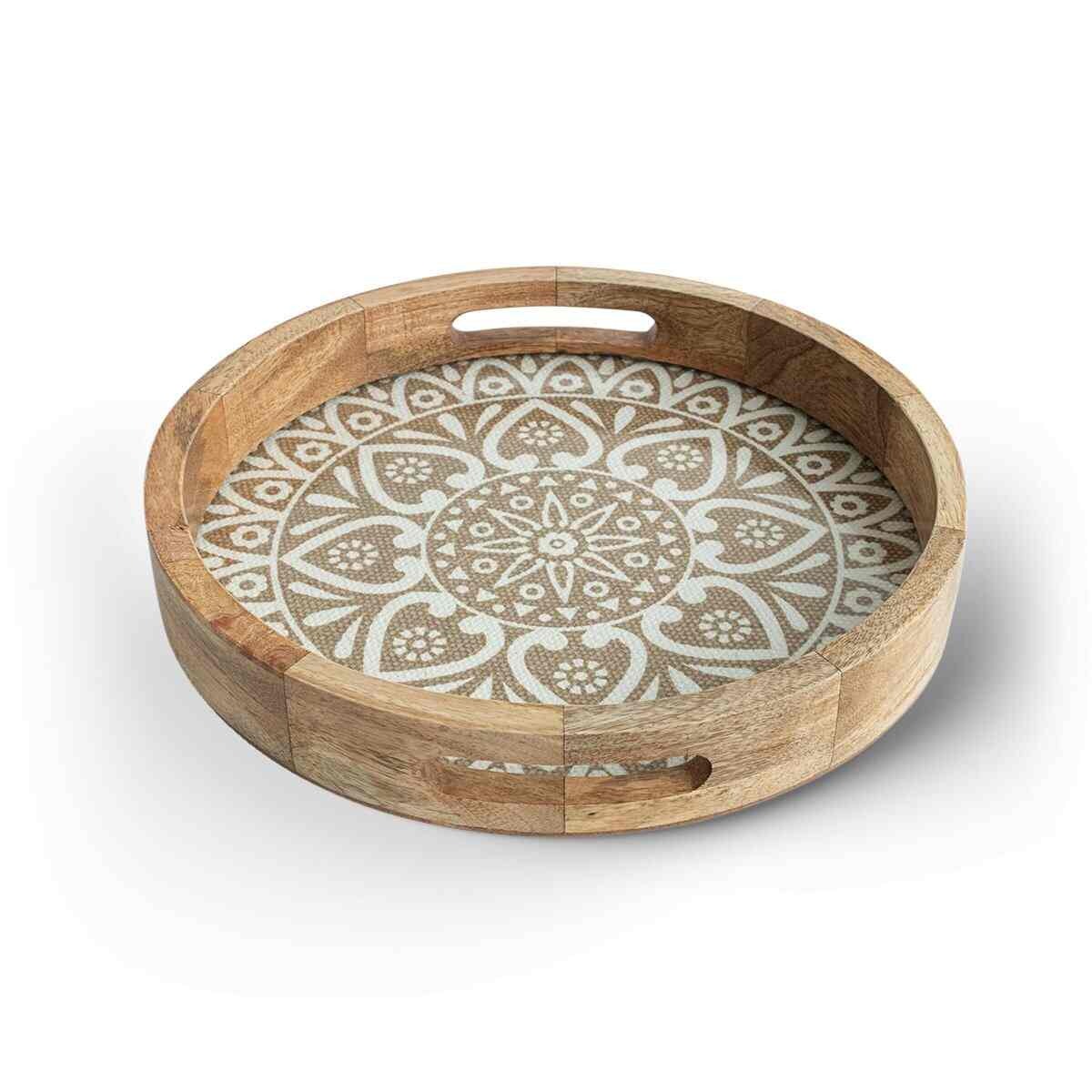 Round Wooden Serving Tray with White Mandala Print | Boho Decorative Platter