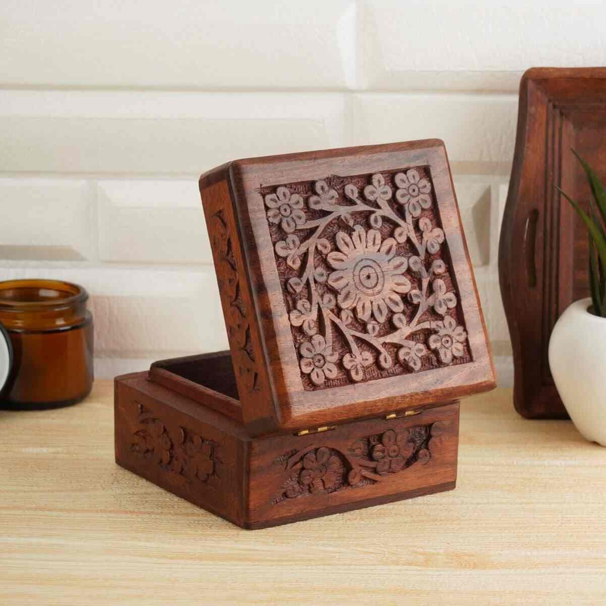 Handcrafted Square Wooden Keepsake Box | Deep Floral Carved Jewelry Trinket Organizer