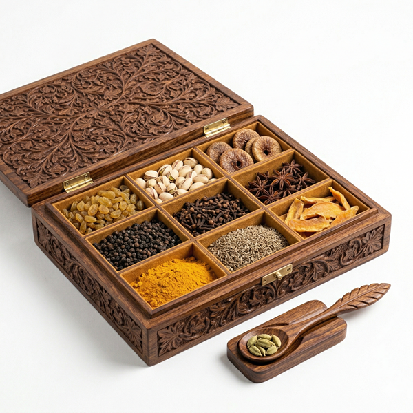 Sheesham Wood Dry Fruit & Spice Box with Compartments and Spoon