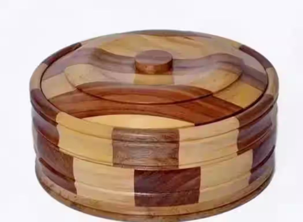 Handcrafted Wooden Casserole Roti Box | Two-Tone Checkered Chapati Server for Kitchen & Dining