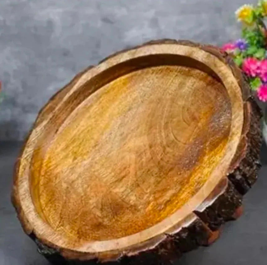 Rustic Live Edge Wood Slice Serving Tray | Natural Bark Round Platter for Charcuterie