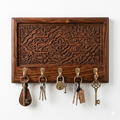 Sheesham Wood Wall Mounted Key Holder — 5 Brass Hooks with Carved Panel