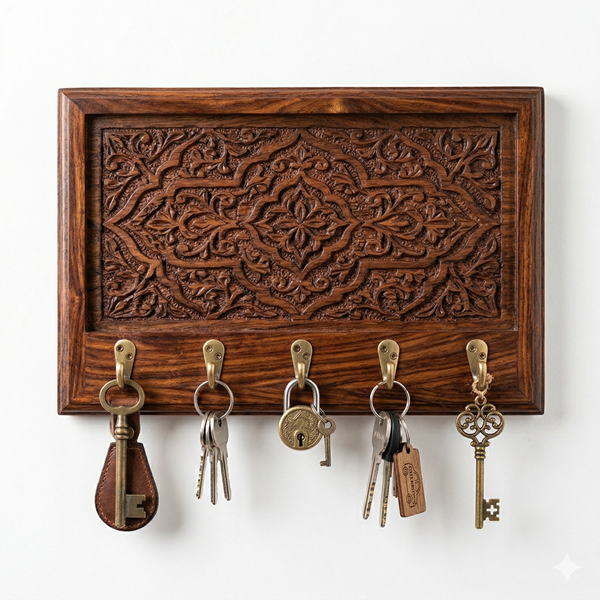Sheesham Wood Wall Mounted Key Holder — 5 Brass Hooks with Carved Panel