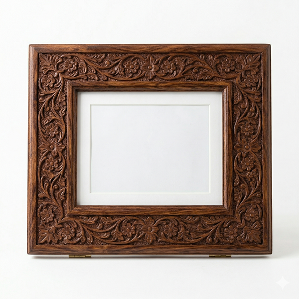 Sheesham Wood Hand-Carved Photo Frame — Floral Vine Border