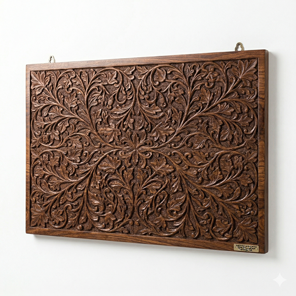 Sheesham Wood Hand-Carved Wall Panel — Signature Vine Leaf Motif