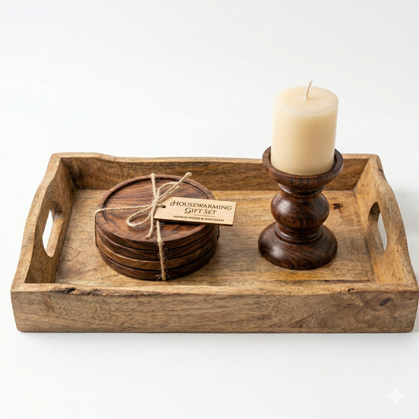 Housewarming Wooden Gift Set — Mango Wood Tray + Sheesham Coasters + Candle Stand